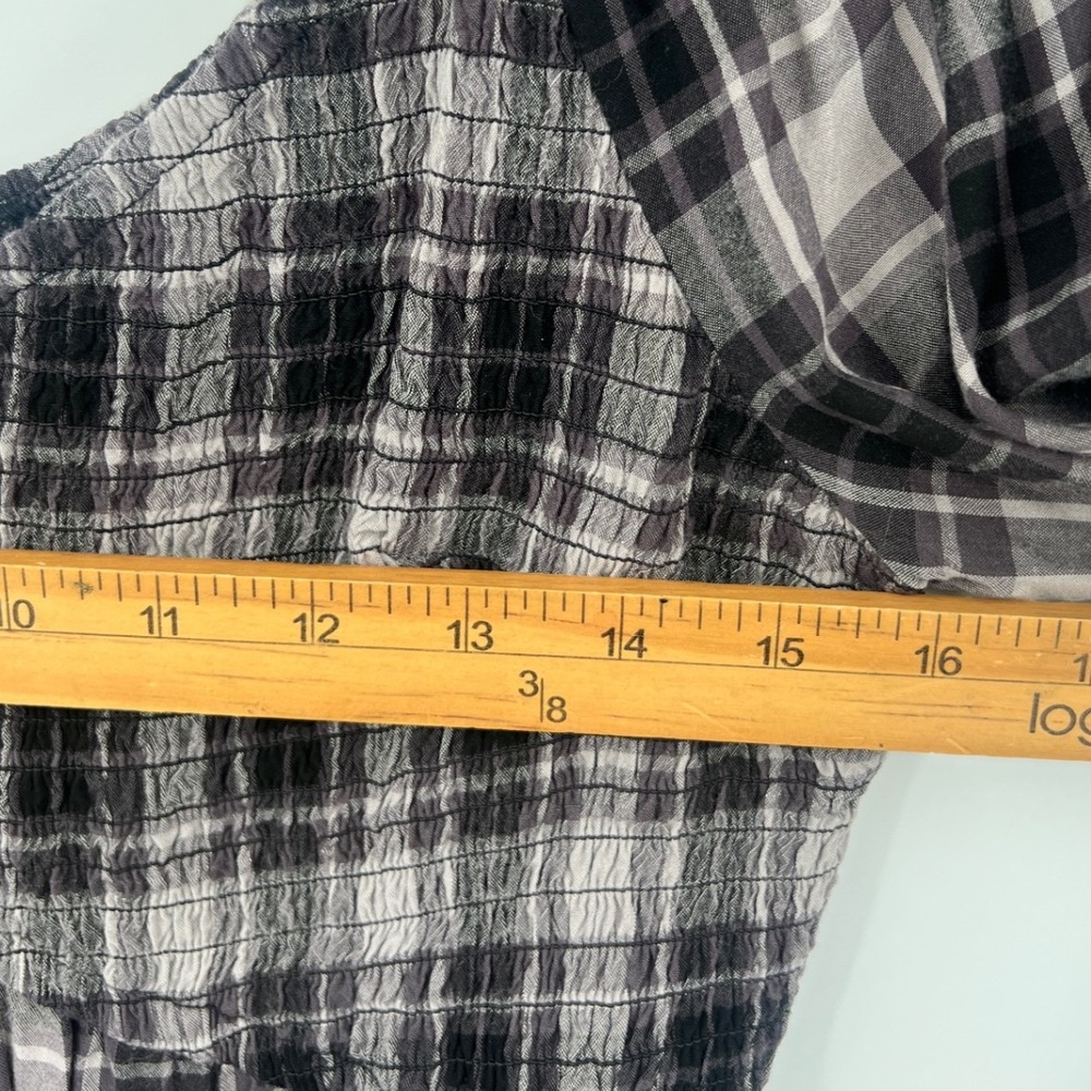 Hollister Plaid Mini Dress Size M Black Grey Smocked‎ Ruffle 3/4 Sleeve 90s - Picture 5 of 8